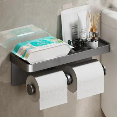 Imagem de Suporte de papel higiênico atualizado com prateleira, suporte de papel higiênico de rolo duplo, suporte de rolo de alumínio para banheiro, cozinha, trailer (gancho duplo cinza)