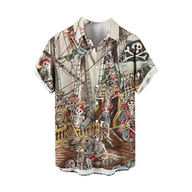 Imagem de Camisa De Verão Masculina Retrô Caveira Pirata Manga Curta Camisas De Lapela Botão Regular Camisa De Praia Casual Havaiano Tops, # 5, 3XL