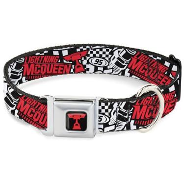 Imagem de Coleira Disney para animais de estimação, coleira de cachorro fivela de cinto de segurança, carros relâmpago McQueen colagem de corrida branco preto vermelho, 50 a 79 cm de largura