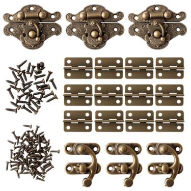 Imagem de Conjunto de 18 peças de caixa de joias de bronze antigo, inclui 12 pequenas dobradiças e 6 fechos de trava retrô com parafusos correspondentes para caixas de madeira e artesanato DIY