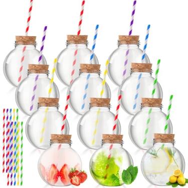 Imagem de Yaomiao 24 peças de copos de enfeite de Natal de plástico de 293 ml para bebidas, mini aquário de plástico esférico transparente com cortiça e canudos, copos para decoração de Natal com tema de festa