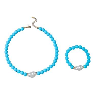 Imagem de HWJQ Colar de contas redondas coloridas conjunto de joias irregulares barrocas colar de pérolas gargantilha contas de acrílico pulseira elástica para mulheres, Middle, Acrílico, Sem Pedra Preciosa