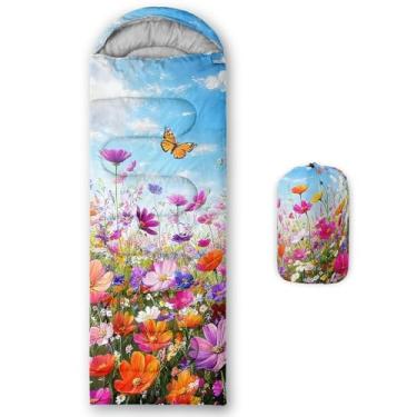 Imagem de lneffble Saco de dormir estilo pastoral com flores de borboleta, adequado para crianças, meninos e meninas, adolescentes, portátil, impermeável, compacto e leve, ótimo para acampamento ao ar livre