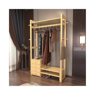 Imagem de Ganchos de prateleira de casaco de madeira maciça cabide de madeira maciça sapateira de chão, quarto, sala de estar, cabideiro, com gaveta, multifuncional, novo suporte de armazenamento de estilo