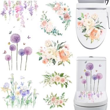 Imagem de 6 peças de adesivos removíveis de flores para vaso sanitário floral e plantas, decalque de parede faça você mesmo, conjunto de vaso sanitário autoadesivo para tampa de vaso sanitário, banheiro,