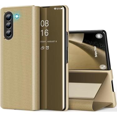 Imagem de Compatível com Samsung Galaxy Z Fold 6, capa de couro espelhada, fina, transparente, S-View, à prova de choque, capa fina com suporte, capa protetora antiarranhões para Samsung Z Fold 6 5G (dourada)