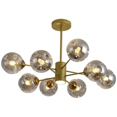 Imagem de Lustre de vidro Sputnik dourado de 10 luzes para foyer, vidro âmbar, moderno, de meados do século, luminária pendente industrial de LED para cozinha, ilha, quarto, mesa de jantar, sala de es