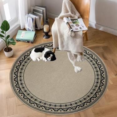 Imagem de Lacomfy Tapete redondo fácil de juta, 1,5 m, lavável, boho, design geométrico, redondo, preto, para casa de fazenda, quarto, sala de estar, dormitório, varanda, pátio, tapete fino