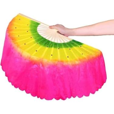 Imagem de Ventilador de seda de dança, fã de dança nacional, ventilador dobrável à mão, ventilador de dança de seda sintética, cor gradiente, adequado para desempenho (Roseright)