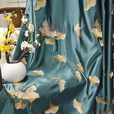 Imagem de Cortina opaca folhas de ginkgo cortina de seda bordada, cortinas opacas de estilo chinês, cortinas de cetim para escurecer o quarto com ilhós top para sala de estar quarto - cortina verde d