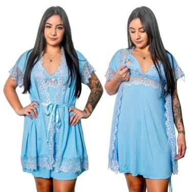 Imagem de Conjunto Robe e Camisola Amamentação Gestante Bicolor Pós Parto Luxuos
