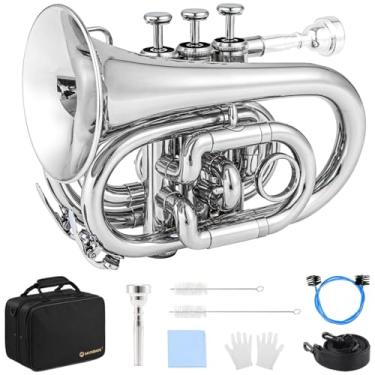 Imagem de Eavnbaek B Trompete plano de latão Bb com bocal 7C, kit de limpeza, estojo de transporte e luvas para estudantes iniciantes (Níquel)