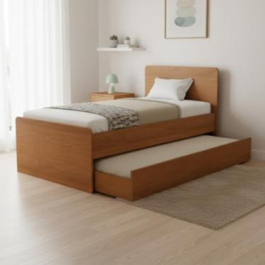 Imagem de Bicama de Solteiro Moderna em MDF com Cama Auxiliar Reforçada e Rodízio, Ideal para Quarto Compacto e Confortável (Cerejeira)