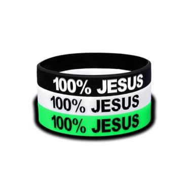 Imagem de Pulseira esportiva de silicone 100% Jesus futebol futebol motivacional fitness stretch preto branco brilha no escuro unissex adultos adolescentes 1 3 5 10 15 pacote (1 branco + 1 brilho + 1 pulseira
