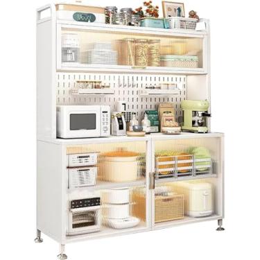 Imagem de Prateleira De Padeiro Com Armário De Porta Flip, Padrão De Micro-ondas De 5 Andares Com Acessórios De Painel De Perfuração, Grandes Prateleiras De Armazenamento, Bianco, L:100cm/39.4in