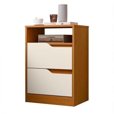 Imagem de Mesa de Cabeceira com 2 Gavetas e Nicho para Quarto Design Moderno em MDP com Pintura UV(Cinamomo/Off White)