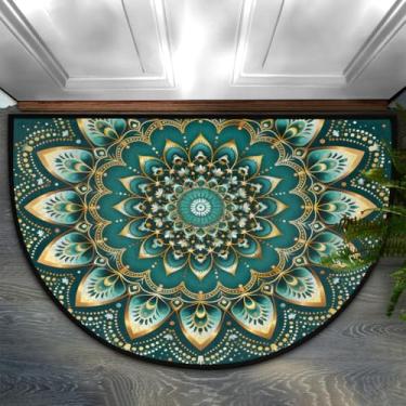 Imagem de Capacho meio redondo mandala verde boho floral lavável semicírculo tapete antiderrapante absorvente meia lua para ambientes internos e externos, banheiro, cozinha, pátio, frente, lareira de