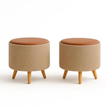 Imagem de kIT 2 Puff Banquetas Redondo Banco Pufe Assento Macio em Courino Tecido Boucle Decorativo para Sala Escritório Apartamento Quarto Infantil Manu com Pés em Madeira (Bege/Marrom)