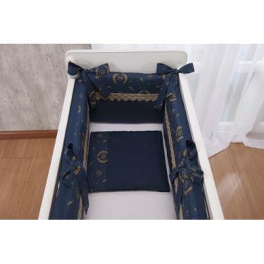 Imagem de Enxoval para Mini Berço de Bebê Azul marinho com Realeza dourada Colch