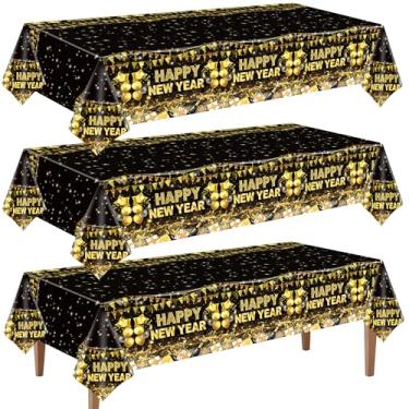 Imagem de CUUSNNY 3 toalhas de mesa descartáveis de feliz ano novo ouro preto toalha de mesa de plástico impermeável para festa de ano novo suprimentos de mesa decorações 274 x 137 cm