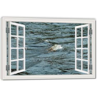 Imagem de Tela de janela falsa com impacto de água, economia de espaço, arte de parede cênica realista para quarto, casa, 69,8 x 104,9 cm emoldurada
