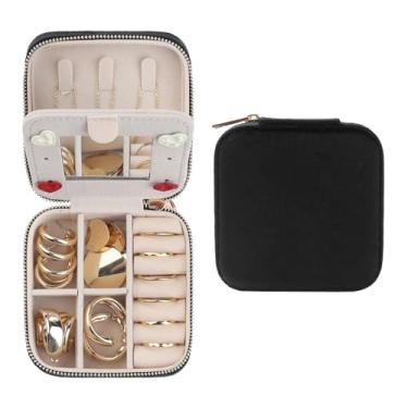 Imagem de Caixa de joias de viagem com espelho para presentes de aniversário, pequena bolsa organizadora de joias de veludo portátil de pelúcia, suporte de armazenamento, 10 x 10 x 5 cm, preto