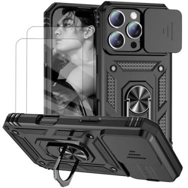 Imagem de Capa para iPhone 16 Pro Capinha | com 2 peças de protetor de tela temperado com janela deslizante da câmera e suporte para telefone incluídos - Preto