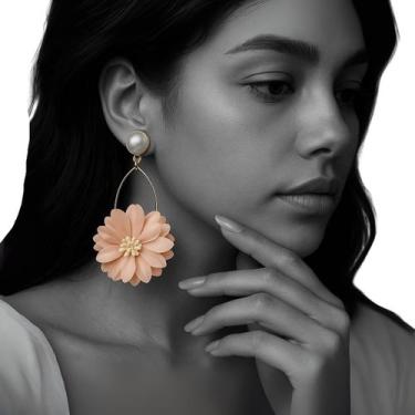 Imagem de Brinco de Pressão Flor Pêssego Grande Pérola Festa Feminino - anjo da 
