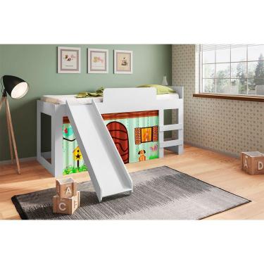Imagem de Cama Infantil com Escorregador e Cortina Diversão Branco