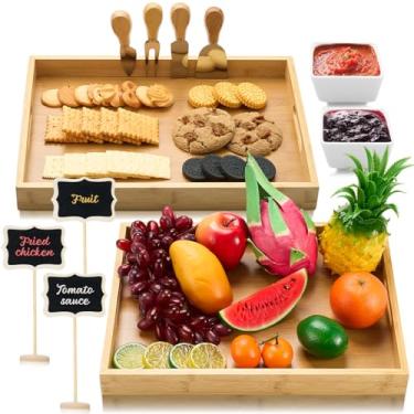 Imagem de Zhehao Conjunto de bandeja de comida de bambu com facas de aço inoxidável, placas e tigelas de quadro-negro, tábua de charcutaria, tábuas de queijos para presente de inauguração de casa, casamento