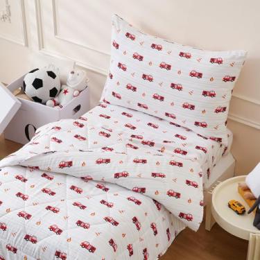 Imagem de LONAVA Conjunto de edredom infantil – 4 peças, cama de microfibra ultramacia em uma bolsa com lençol de cima, caminhão de bombeiros