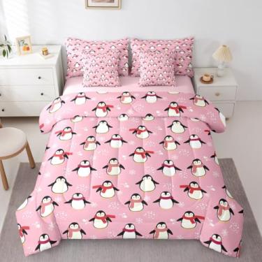 Imagem de Erosebridal Jogo de edredom solteiro com desenho de pinguim, kawaii, 7 peças, lençol e fronhas de animais antárticos, lindo tema de inverno, decoração de quarto