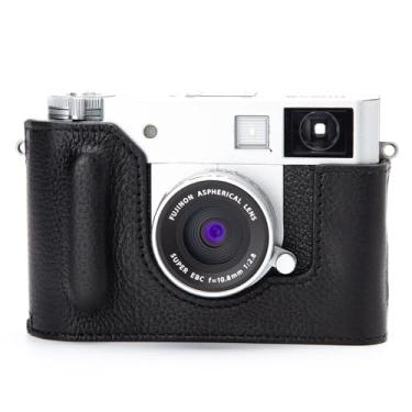 Imagem de Capa de câmera vintage de couro legítimo, protetor de câmera de couro genuíno Half-Wrap para FUJIFILM X Half (linha preta e preta)