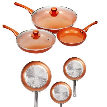 Imagem de Kit 3 Frigideiras Frigideira Cerâmica + 2 Tampas De Vidro