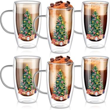 Imagem de Sliner Pacote com 6 canecas de café de vidro de Natal com alça de árvore de Natal de 425 g copos com isolamento térmico transparente canecas de inverno para cappuccino latte saquinho de chá expresso
