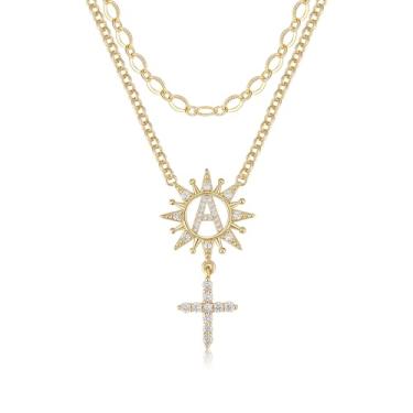 Imagem de TANTIUE Colar feminino com letras e cruz de girassol banhado a ouro 14 K, zircônia cúbica, girassol com inicial em camadas, pingente de cruz A - Z, joia feminina, adjustable, Latão, Zircônia cúbica