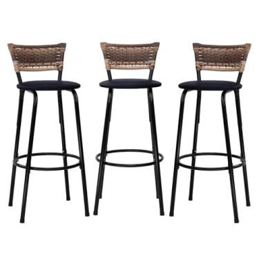 Imagem de Kit 03 Banqueta Altas Junco Cappuccino Estrutura Preta Assento Preto 70cm Para Balcão Cozinha, Bar, Bistrô, Americano - Itagold