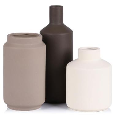 Imagem de Conjunto de 3 vasos de cerâmica - vasos neutros modernos para decoração de casa, vasos de flores pequenos de cerâmica, vaso rústico de fazenda para prateleira, mesa de entrada, cornija de mesa