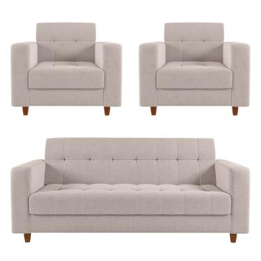 Imagem de Sofá 2 Lugares E 2 Poltronas Pé Madeira Castanho Arezo Linho D01 - D'rossi A19 Bege