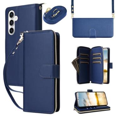 Imagem de Capa carteira para Samsung Galaxy A54 5G com cordão ajustável e alça de pulso - Couro sintético durável e TPU, 9 compartimentos para cartão, fecho magnético, suporte, capa de proteção total à prova de