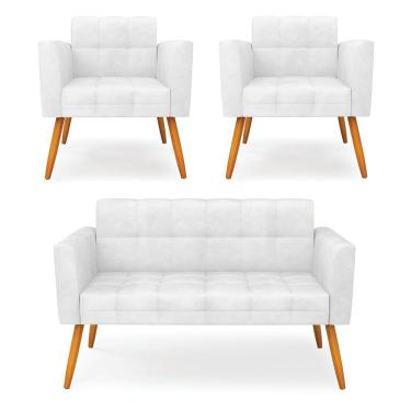 Imagem de Kit 1 Sofá Namoradeira E 2 Poltronas Elisa Corano Branco Pés Palito Castanho - D'rossi