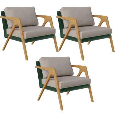 Imagem de Kit 03 Poltronas Sala L02 Facto Verde Musgo Linho Bege