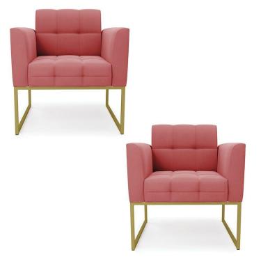 Imagem de Kit 2 Poltronas Elisa Suede Rosê Base Metálica Industrial Dourada - D'rossi