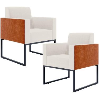 Imagem de Kit 02 Poltronas Sala Base Metal Linho Cru Couríssimo Camel