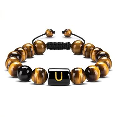 Imagem de Guz Pulseira com iniciais A-Z 10 mm Natural Preto Ônix Olho de Tigre Pulseira de Corda Trançada para Homens Pulseira de Letra, Ágata