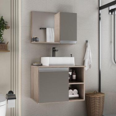 Imagem de Conjunto Gabinete Banheiro Virtus 60cm - Gabinete + Cuba + Espelheira Madeirado Cinza