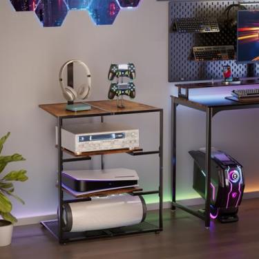 Imagem de NOVIMANGO Suporte de console de jogos, suporte de mídia AV, 4 camadas, prateleira de canto estéreo de madeira para toca-discos, centro de entretenimento, torre de áudio com prateleiras ajustáveis