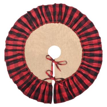 Imagem de Mini saia xadrez bufante para árvore de serapilheira, 61 cm pequena vermelha e preta guingão Chrismtas com babados, decoração de árvore de Natal rústica para árvore de Natal de mesa, decoração de
