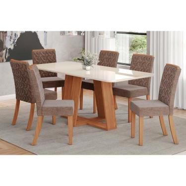 Imagem de Conjunto Mesa De Cozinha Lins Com Tampo Madeirado Com Vidro Curvo 200x90cm E 6 Cadeiras Esther Nature Linho Cacao Henn