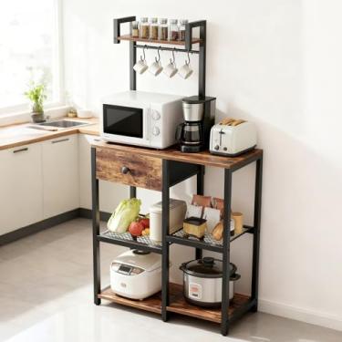 Imagem de Rack de padeiro com armazenamento, suporte de micro-ondas com gaveta, estação organizadora de café de 6 níveis, suporte de micro-ondas ajustável com ganchos, prateleira de armazenamento de utensílios